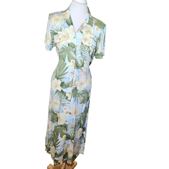 90s Small Tropical Hawaiian Floral Hibiscus Maxi Shirt Dress Sage Green Yellow - Picture 2 of 13